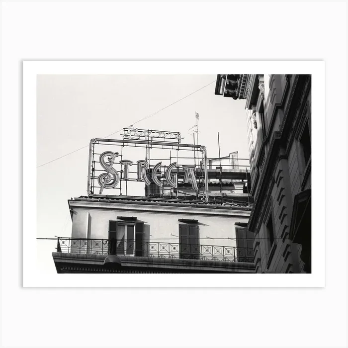 Vintage Strega Sign In Rome Black And White Art Print by Flo Smith