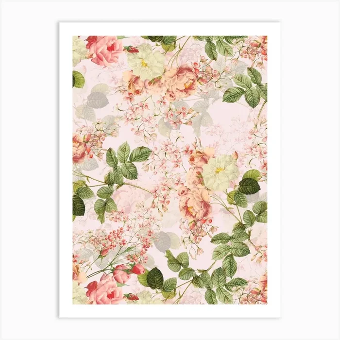 Vintage Summer Redouté Rose Blossoms Garden Art Print by UtART