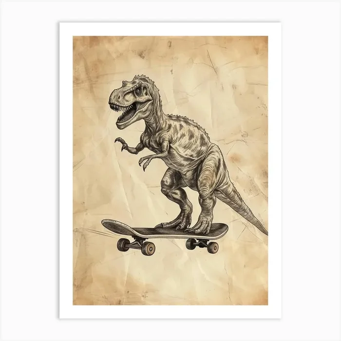 Vintage Utahraptor Dinosaur On A Skateboard 1 Art Print by Dino Delights