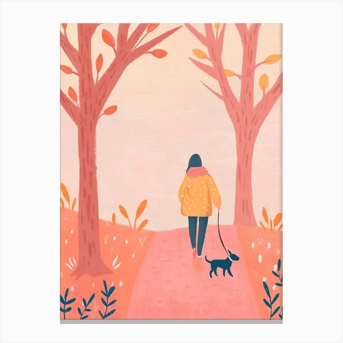 Walk In The Park With A Dog Canvas Print by Happy Wall Art