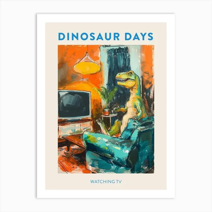 Watching Tv Orange Blue Dinosaur Poster Art Print by Dino Delights