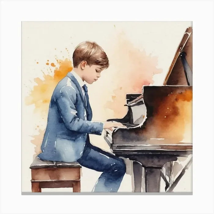 Watercolor Boy Playing The Piano Canvas Print by Lacaim