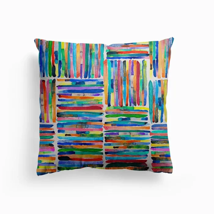 Watercolor Colorful Handpainted Stripes Canvas Cushion by Ninola Design
