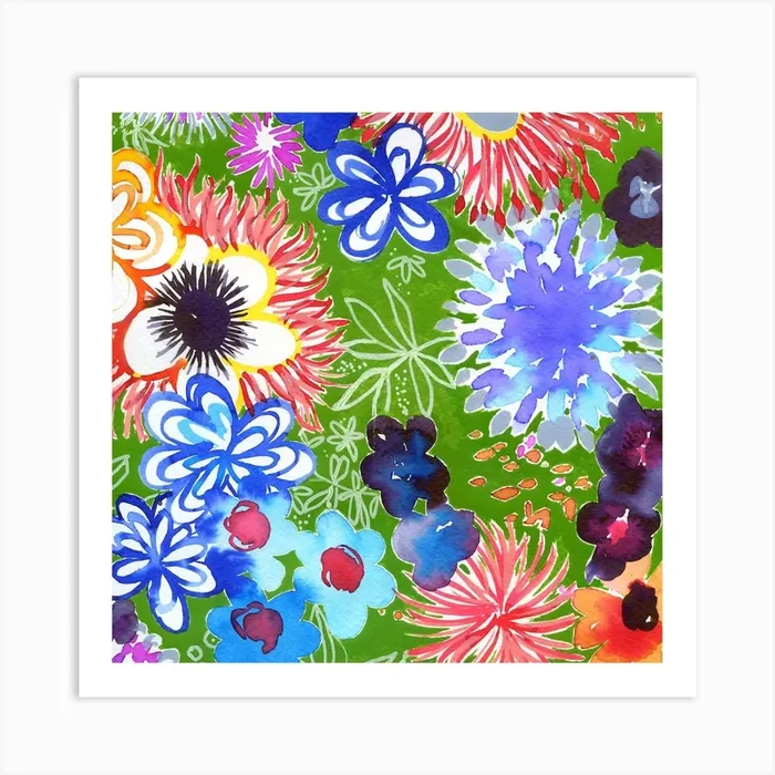 Watercolor Flowers with Blue Flowers Art Print by kosarandrea