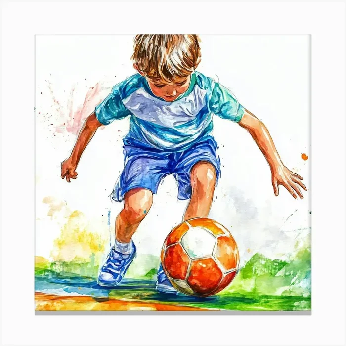 Watercolor Of A Boy Kicking A Soccer Ball Canvas Print by ThatWorksMedia