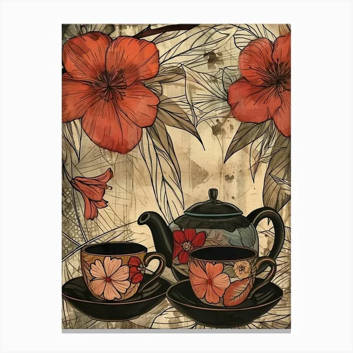 Watercolour Floral Teapot & Cups 3 Canvas Print by Artful Appetite