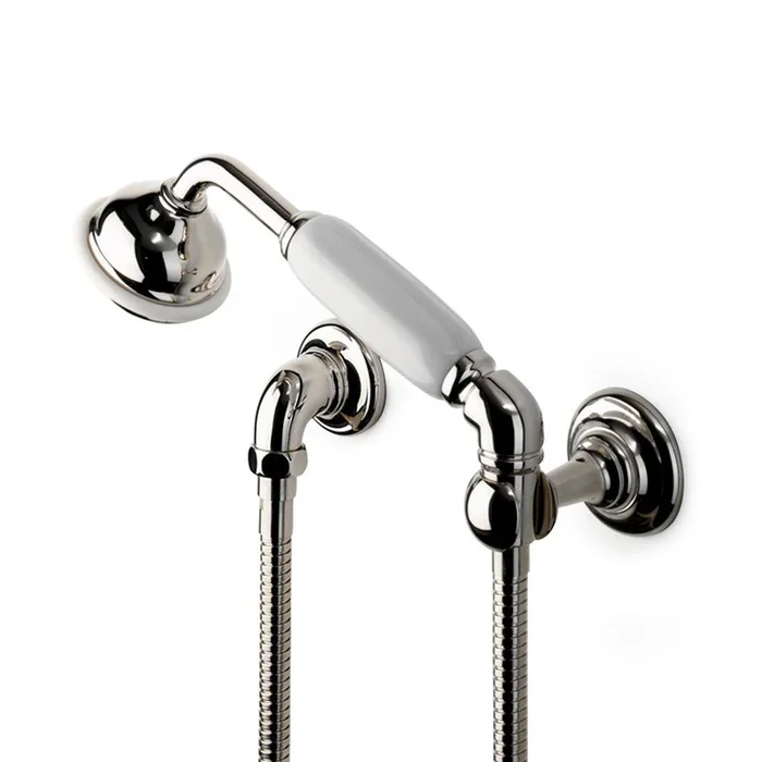 Waterworks Etoile Handshower On Hook with White Porcelain Handle in Matte Nickel