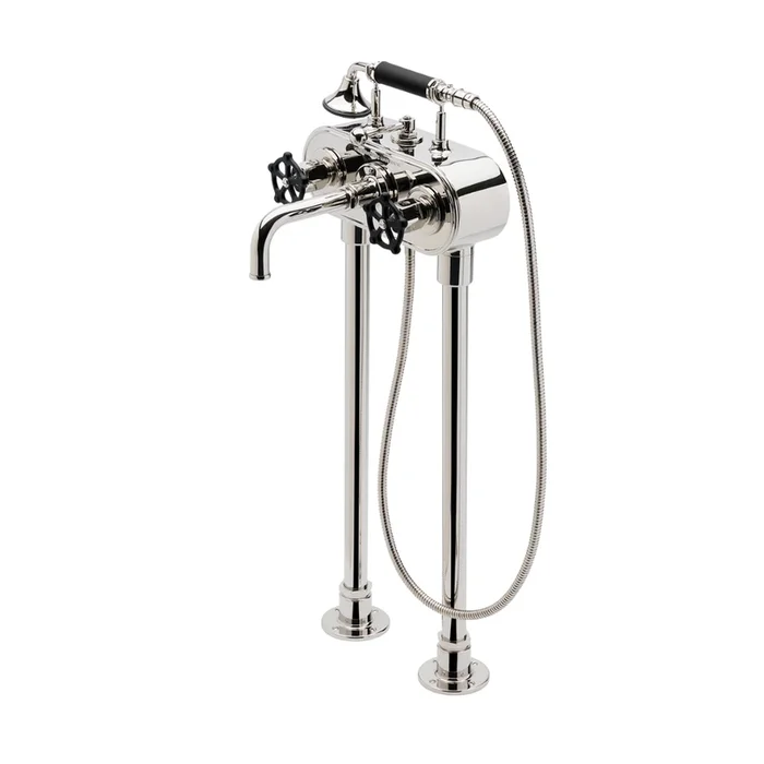 Waterworks Regulator Exposed Floor Mounted Tub Filler with 2.5gpm Handshower and Metal Wheel Handles in Nickel