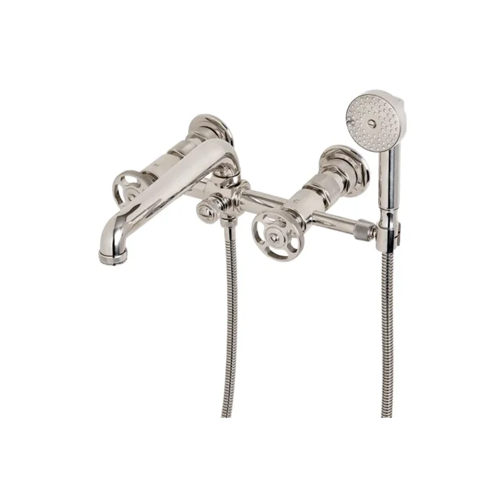 Waterworks RW Atlas Exposed Wall Mounted Tub Filler with Wheel Handles and Handshower in Nickel