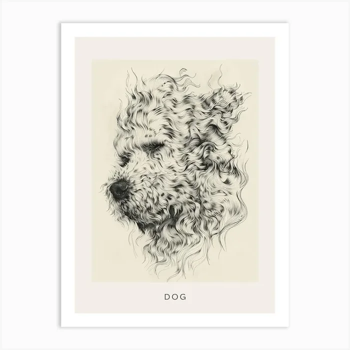 Wavy Haired Dog Sepia Line Sketch Poster Art Print by Woof and Whiskers