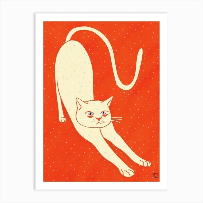 White Cat On Red Background Art Print by Be Martt
