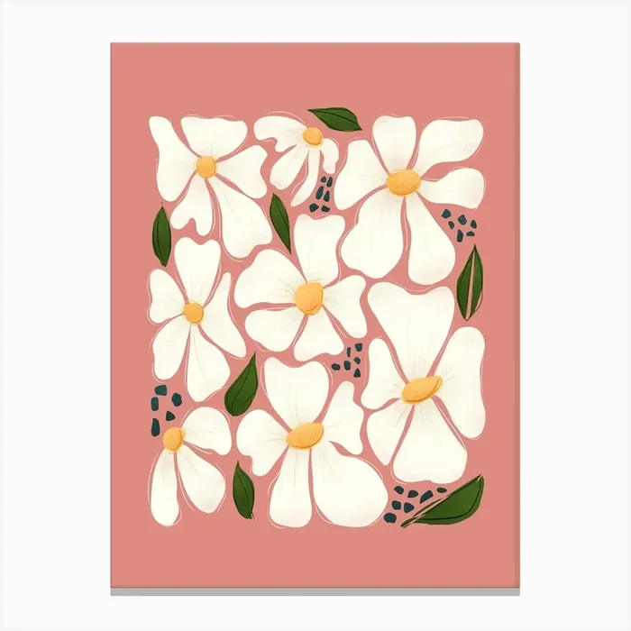 White Daisy Flowers On Pink Canvas Print by showmemars