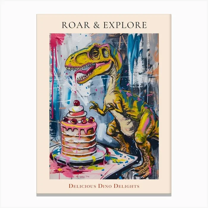 Wild Brushstroke Dinosaur Baking A Cake 1 Poster Canvas Print by Dino Delights