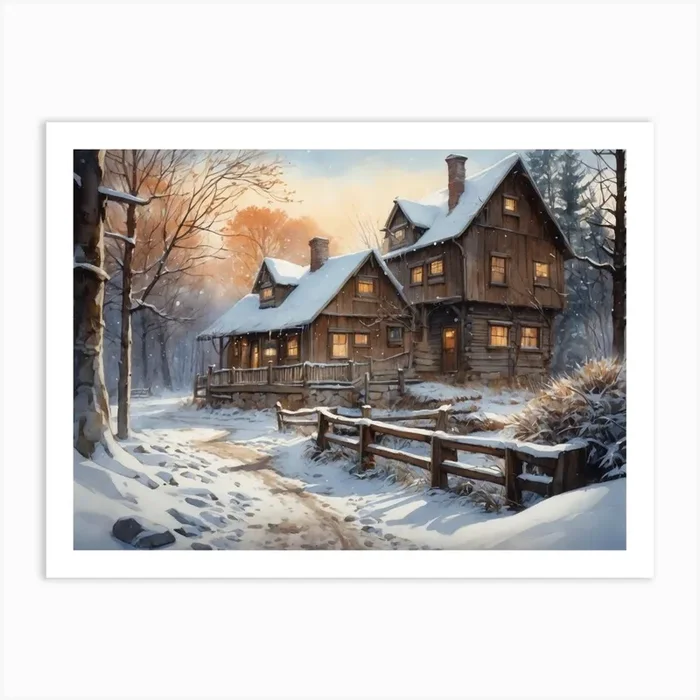 Winter Cabin In The Woods Art PrintWA by Wally’s Art