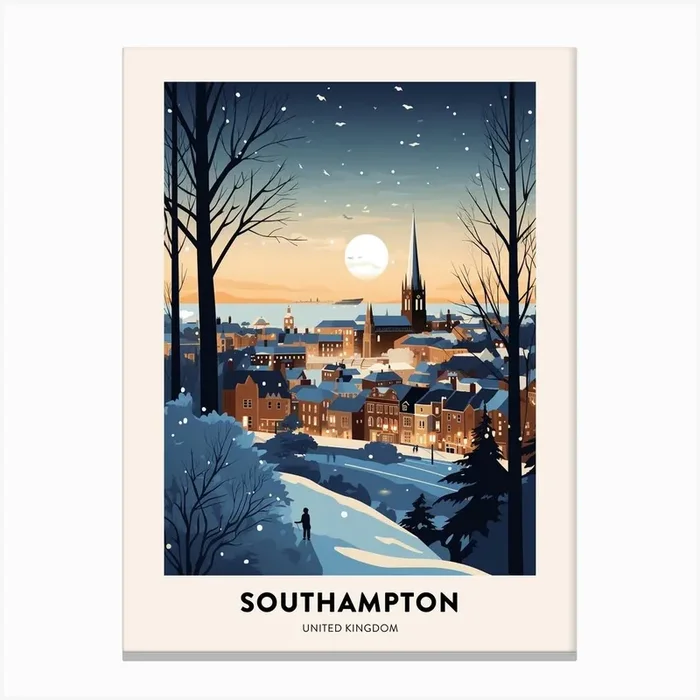Winter Night Travel Poster Southampton United Kingdom Canvas Print by Bon Hiver Prints