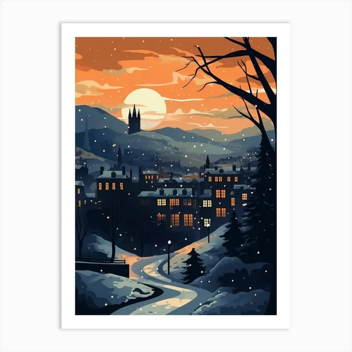 Winter Travel Night Illustration Edinburgh Scotland 5 Art Print by Bon Hiver Prints
