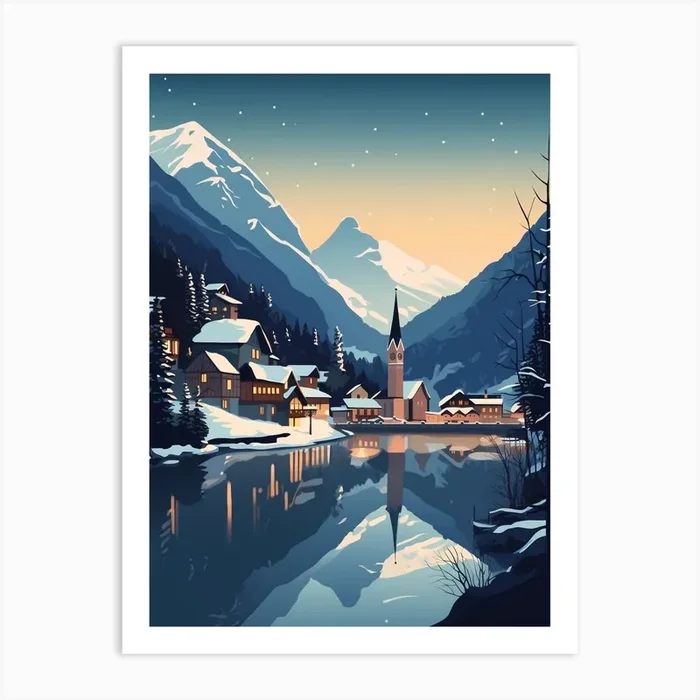 Winter Travel Night Illustration Hallstatt Austria 2 Art Print by Bon Hiver Prints