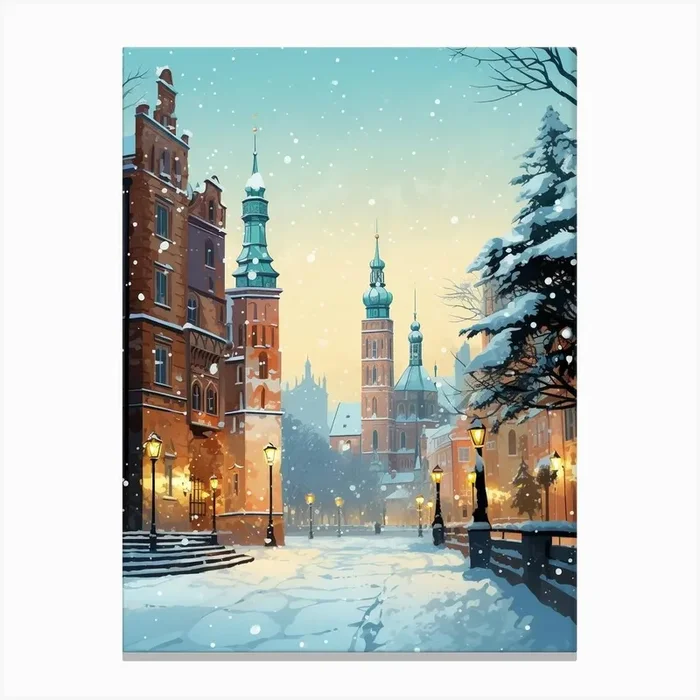 Winter Travel Night Illustration Krakow Poland 3 Canvas Print by Bon Hiver Prints