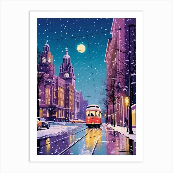 Winter Travel Night Illustration Liverpool United Kingdom 2 Art Print by Bon Hiver Prints
