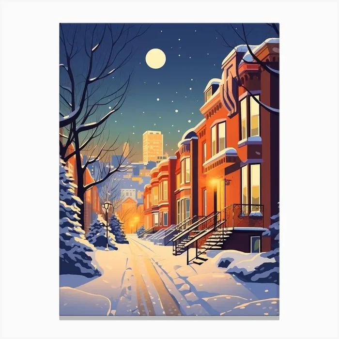 Winter Travel Night Illustration Montreal Canada 4 Canvas Print by Bon Hiver Prints