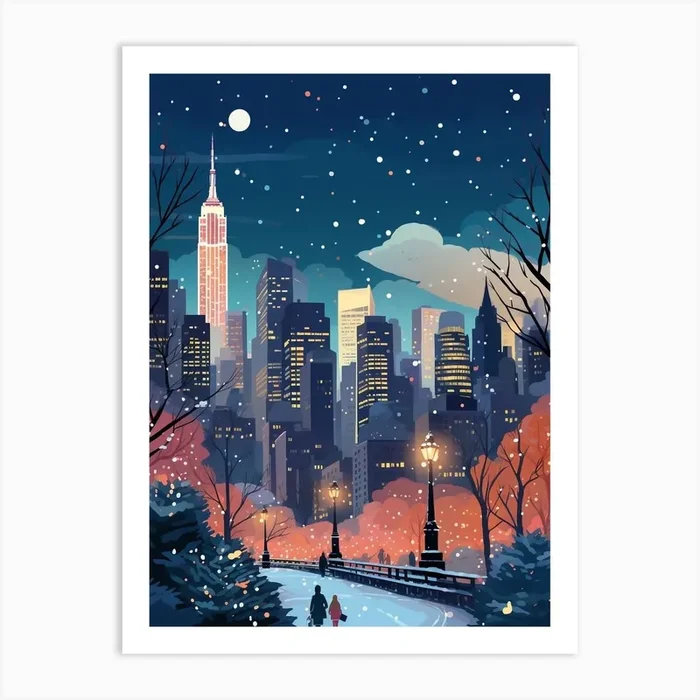 Winter Travel Night Illustration New York City Usa 2 Art Print by Bon Hiver Prints