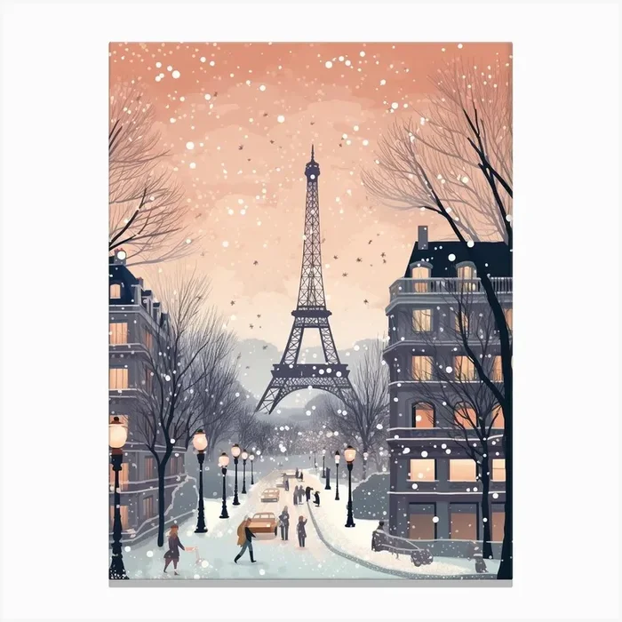 Winter Travel Night Illustration Paris France 1 Canvas Print by Bon Hiver Prints