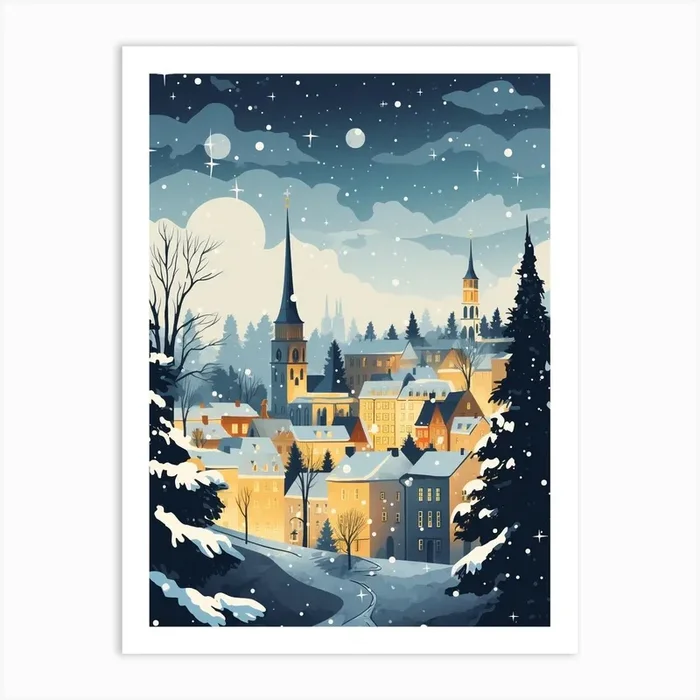 Winter Travel Night Illustration Tallinn Estonia 3 Art Print by Bon Hiver Prints