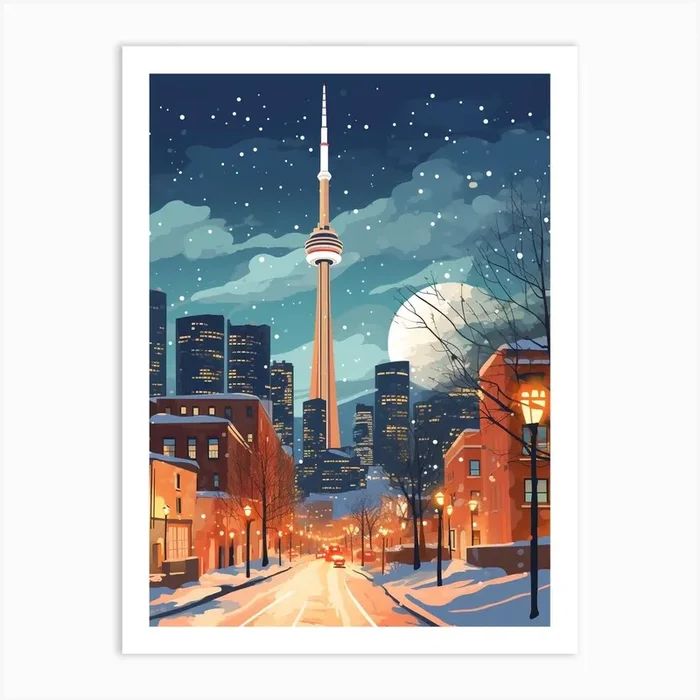 Winter Travel Night Illustration Toronto Canada 2 Art Print by Bon Hiver Prints