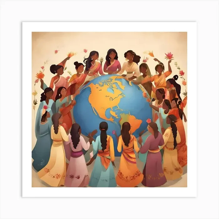women from around the world coming together in celebration, wearing traditional attire and holding hands in unity, showcasing the diversity Art Print by Design_Pro
