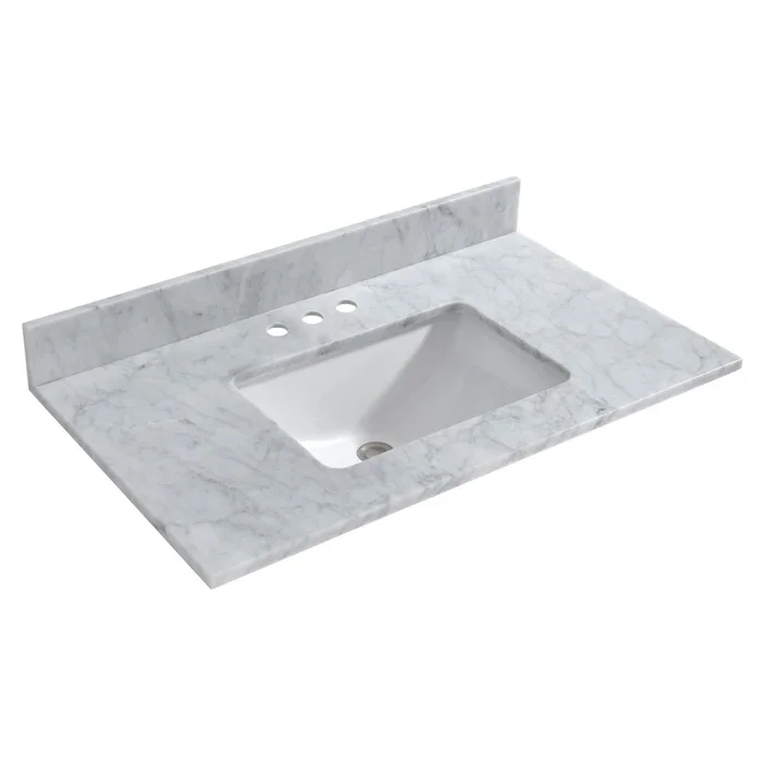 WOODBRIDGE 37 ” x22 ” Vanity Top with Single Under Mount Rectangle Bowl, Carrara White Marble, Pre-drilled with 3-hole for 4-inch Centerset Faucet set up Option