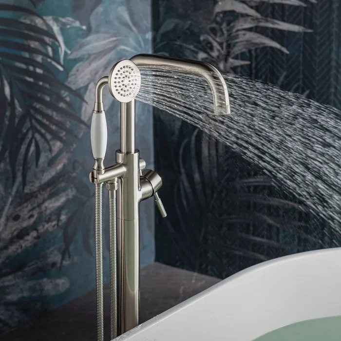 WOODBRIDGE F0070BNVT Fusion Single Handle Floor Mount Freestanding Tub Filler Faucet with Classic Telephone Style Hand Shower