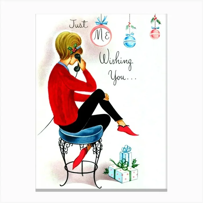Young Woman In Christmas Mood Talking On A Phone Canvas Print by Vintage Spirit