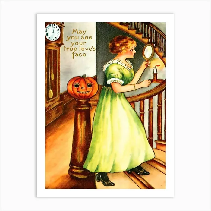 Young Woman With Mirror On Halloween Art Print by Vintage Spirit