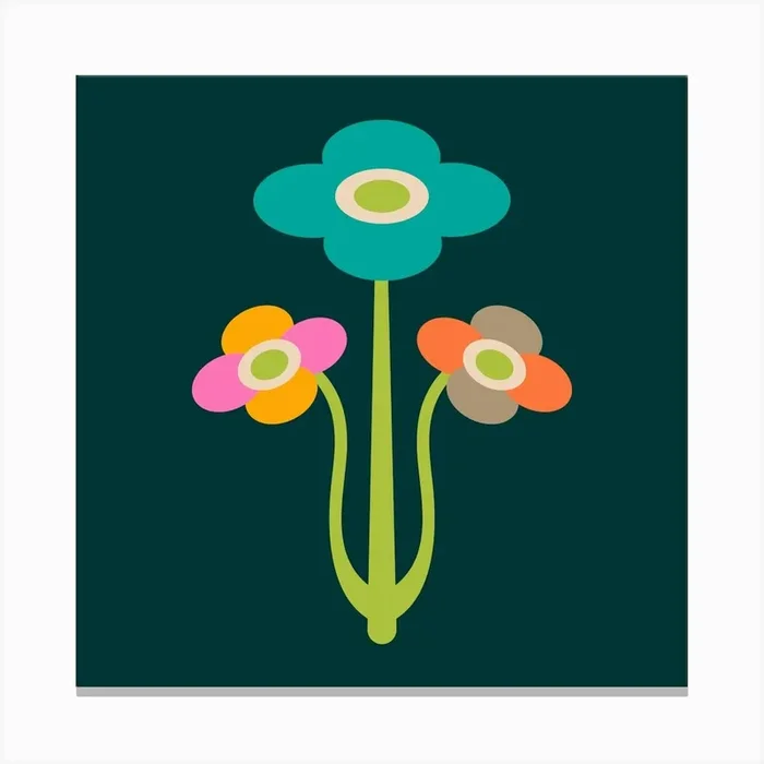 YVETTE Mid-Century Modern Floral with Triple Flowers in Bright Colours on Dark Teal Canvas Print by UnBlink Studio