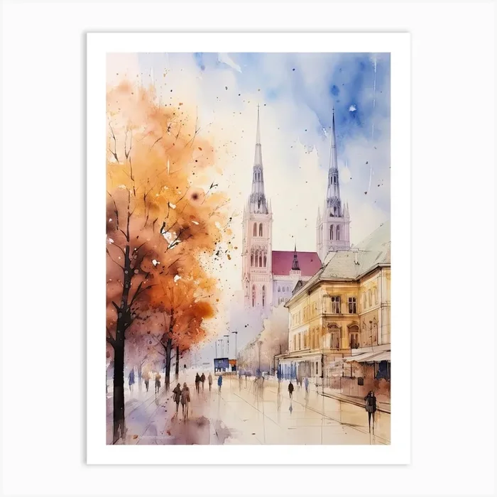 Zagreb Croatia In Autumn Fall, Watercolour 4 Art Print by Travel Poster Collection