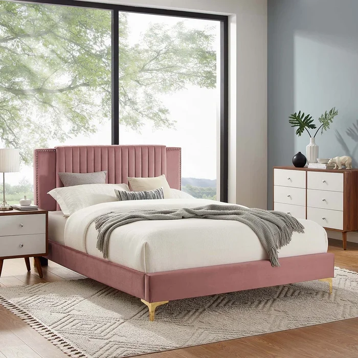 Zahra Channel Tufted Performance Velvet Platform Bed With Gold Metal Legs by Modway