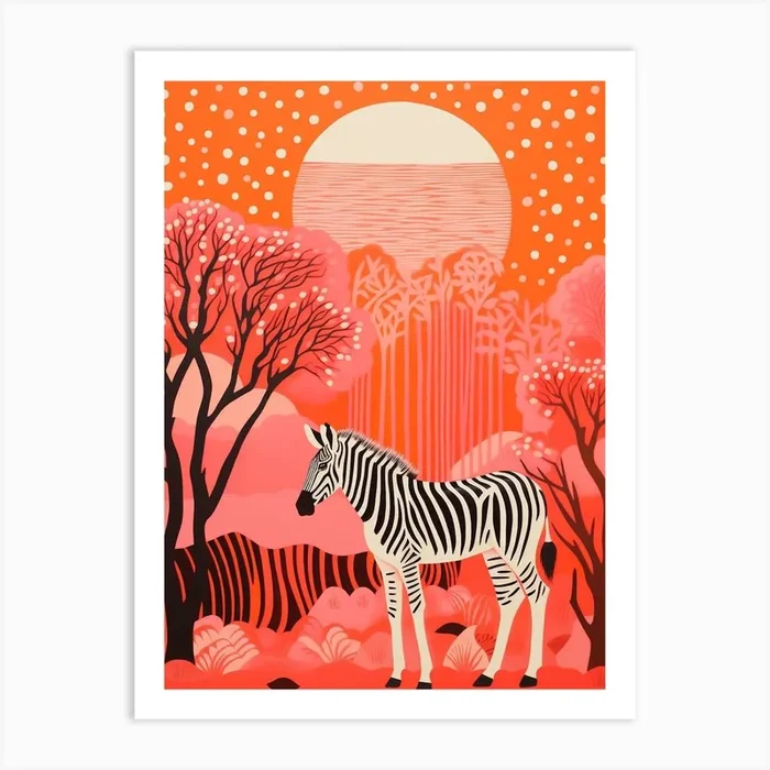 Zebra Pink Orange Lines & Dots Art Print by AfricanWild Strokes