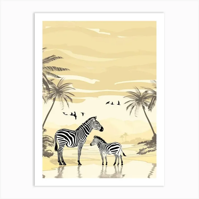 Zebras On The Beach Vector Art Print by Moving Clouds Art