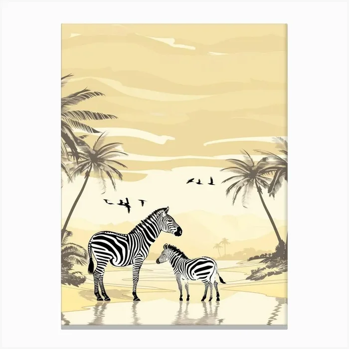 Zebras On The Beach Vector Canvas Print by Moving Clouds Art