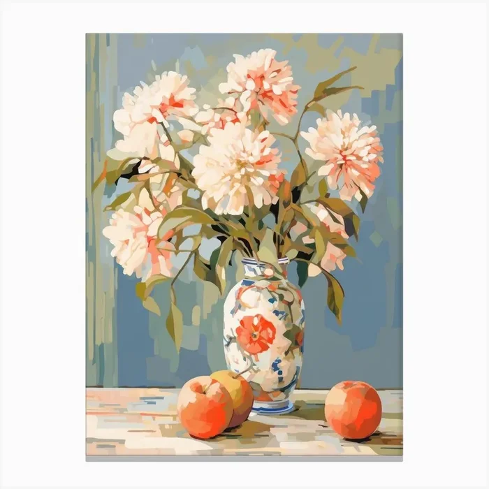 Zinnia Flower And Peaches Still Life Painting 2 Dreamy Canvas Print by Flora Expressions