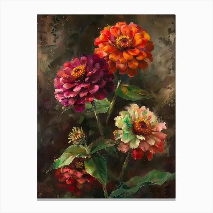 Zinnias 2 Canvas Print by Moving Clouds Art