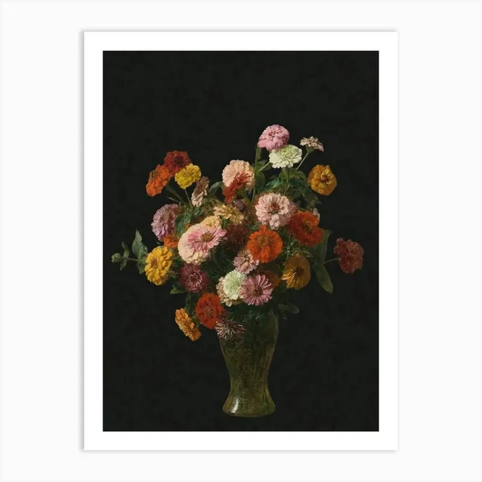 Zinnias, Flowers In A Vase, Dark Moody Floral Still Life Vintage Art Art Print by Vibrant Vintage
