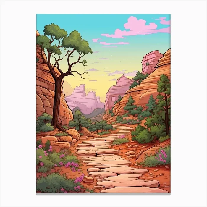 Zion Narrows Usa 1 Hike Illustration Canvas Print by WanderWall Prints