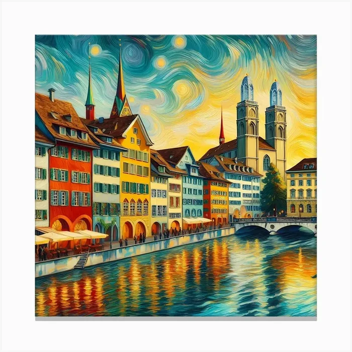 Zurich’s old town of Switzerland, with Grossmunster Church, colorful buildings, river, painting art Canvas Print by Vinzlim