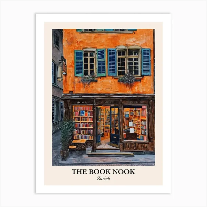 Zurich Book Nook Bookshop 4 Poster Art Print by Cityscape Art Co.