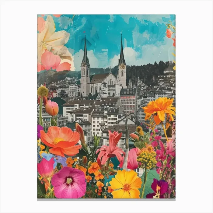Zurich Floral Retro Collage Style 3 Canvas Print by Cityscape Art Co.