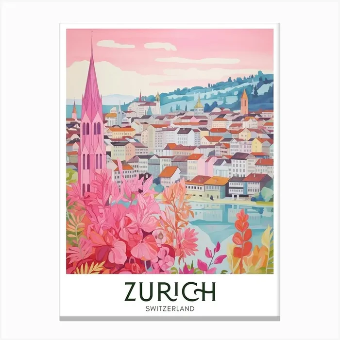 Zurich, Switzerland Maximalist Travel Poster Vibrant Colour Canvas Print by Banevici